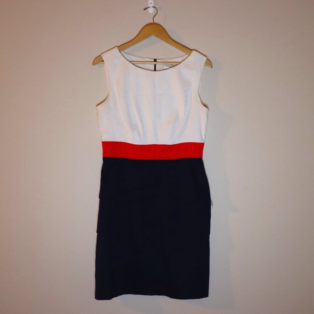 Dressbarn size 10, cocktail dress navy, salmon, and off-white form fitting dress